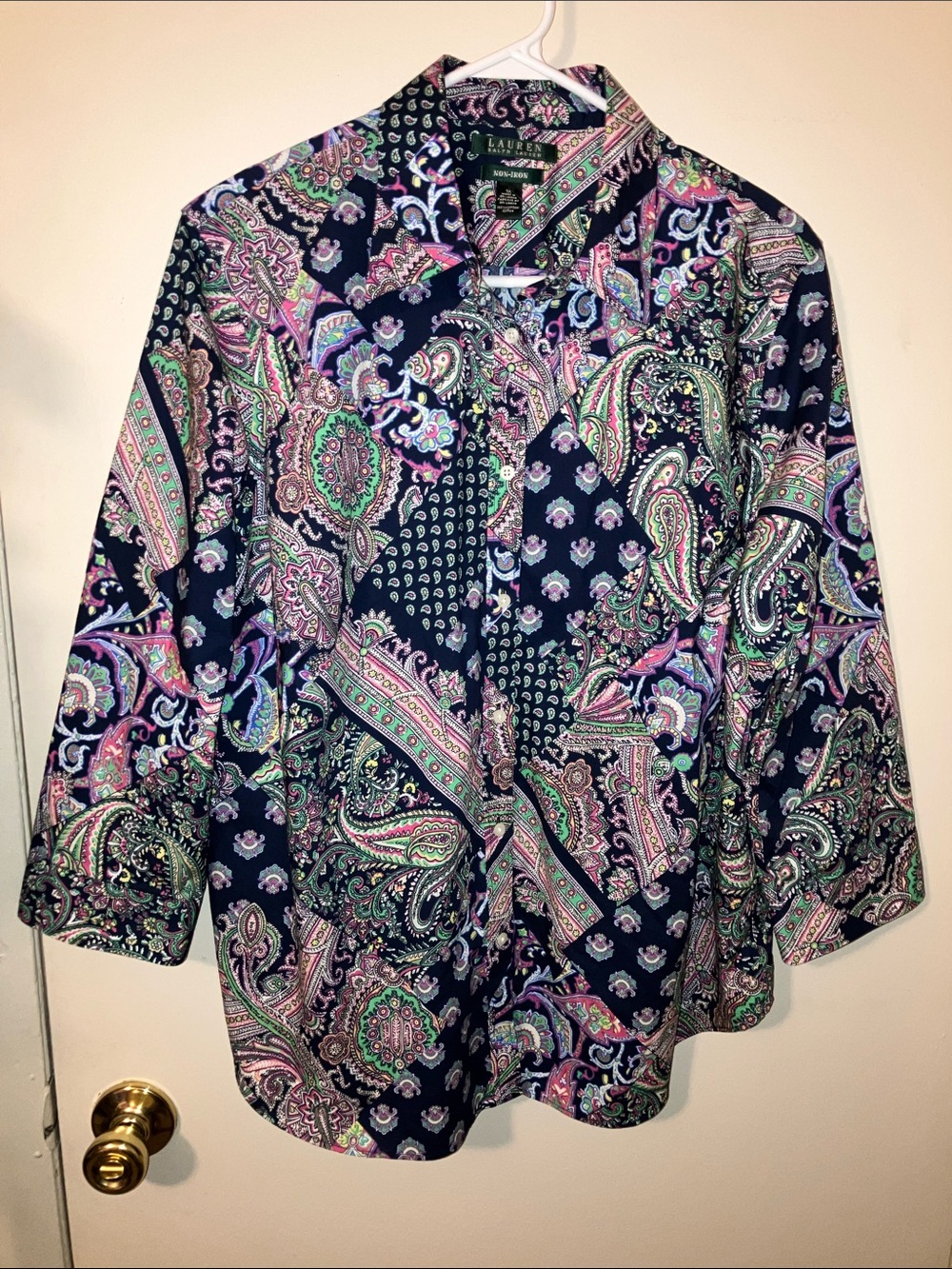 Lauren Ralph Lauren Navy Paisley Button-Down Shirt with Pink & Green Accents 1X